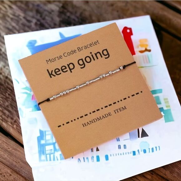 Morse Code "Keep Going" Unisex Encouragement Bracelet Adjustable Silver Beads - Picture 1 of 5